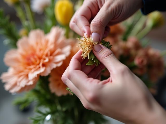 A designer carefully placing an orchid in an arrangement