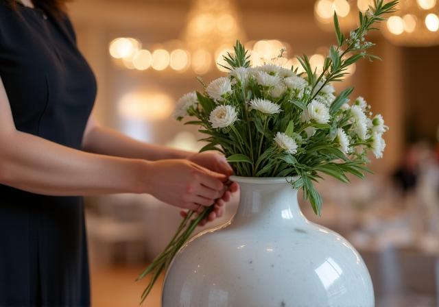 Floral team setting up a wedding reception